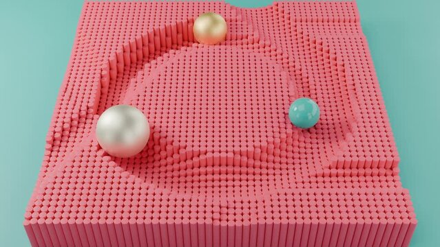 3D loop animation of the movement of three spheres of different sizes along an array of cylinders. The spheres leave a mark. The sticks are lowered by the influence of the spheres.