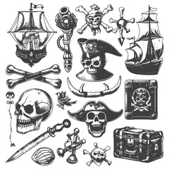 cute pirate element collection set with engraving style black color only