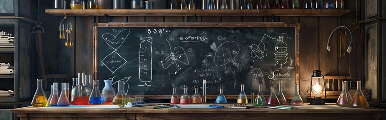 Science blackboard with math. Real physical equations of relativity theory, string theory and quantum mechanics. AI generated illustration