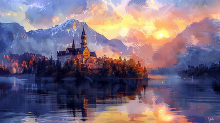 Naklejka premium Pastel dawn over a historic castle