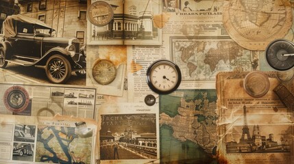 A vintage collage featuring a classic car, maps, compass, and timepieces. The image evokes a sense of adventure and travel