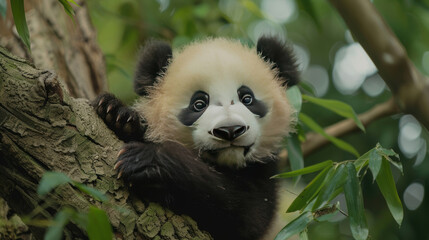 Fototapeta premium Baby panda is resting in a river in the forest, enjoying the peace and quiet