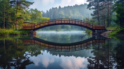 The reflection of a bridge in a still lake