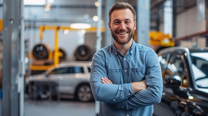 Fototapeta premium Smiling Male Automotive Engineer in a Car Workshop, Confident and Professional, Generative AI
