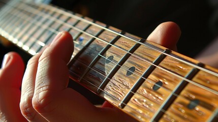 A close-up view of a hand playing a guitar. The fingers press down on the strings, creating a musical melody