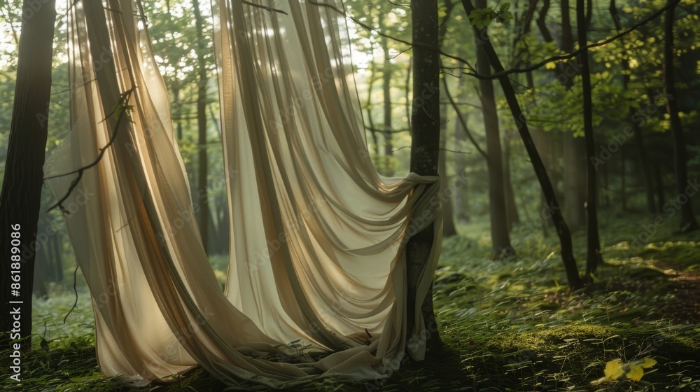 Poster a surreal and dreamy atmosphere with the fabric creating an otherworldly allure in the midst of the 