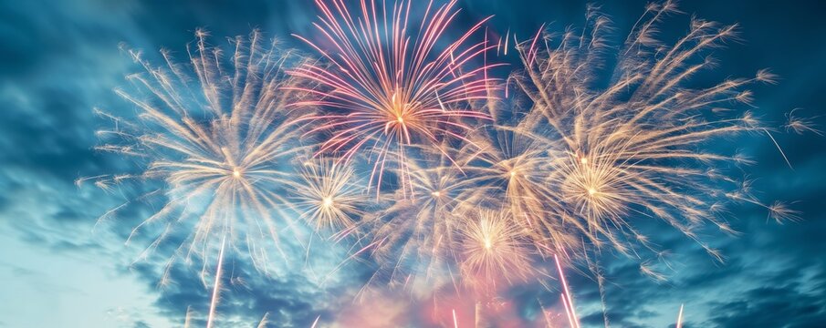 This image captures vibrant fireworks bursting against a backdrop of a somewhat cloudy night sky, showcasing a stunning display of colors and light in celebration.