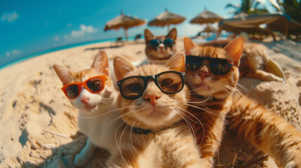 Four cats wearing sunglasses pose for a selfie on the beach