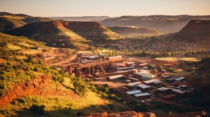 Fototapeta premium Industrial structures in evening light by snowy mountain show nature and industry contrast