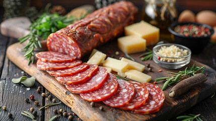 Close-up of thinly sliced salami arranged on a wooden cutting board with pieces of cheese