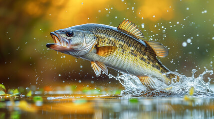A largemouth bass jumps out of the water, creating a splash of droplets. The sun shines brightly, creating a golden glow on the water