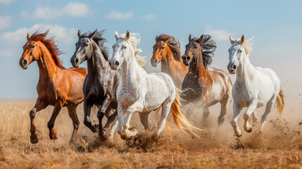 A group of horses run through a dry field on a sunny day, kicking up dust