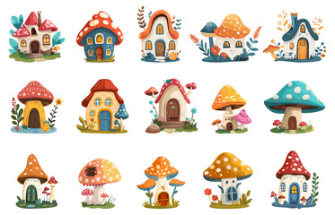Obraz premium Fantasy fairy mushrooms houses set covered with flowers and grass wih windows and doors. Funny childish fairytail magic elements. Vector clip art collection for children book