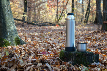cup with tea. a thermos of tea, hot drink. thermos on an old tree stump. The concept of tourism, survival and hunting in the autumn in forest. dry leaves in the park. rest at nature.