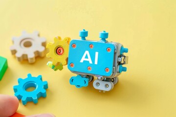 AI gears on yellow background, artificial intelligence, advanced tech, digital electronics, high tech components, futuristic AI design