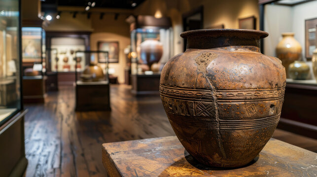 An intricately designed ancient pottery vase stands on display in a warmly lit museum gallery, with other artefacts visible in the background.