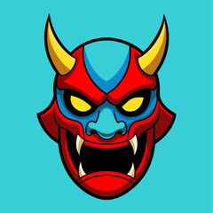 A traditional Japanese demon Hannya mask with sharp teeth, yellow horns, and yellow eyes. The mask is red and blue with a open mouth, and it is set against a blue background. 