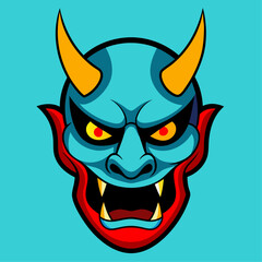A traditional Japanese demon Hannya mask with sharp teeth, yellow horns, and yellow eyes. The mask is red and blue with a open mouth, and it is set against a blue background. 