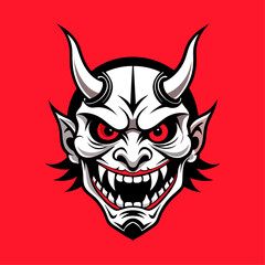 A traditional Japanese demon Hannya mask with sharp teeth, horns, and red eyes and white horns. The mask is white and black with a red mouth, and it is set against a red background. 