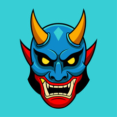 A traditional Japanese demon Hannya mask with sharp teeth, horns, and yellow eyes. The mask is blue and black with a red mouth and yellow horns and it is set against a blue background. 