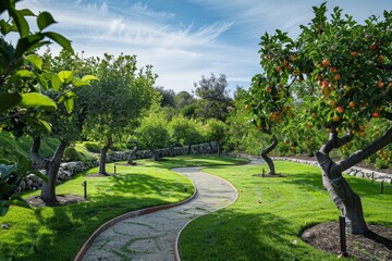 Fototapeta premium Winding pathway through a lush orange grove on a sunny day