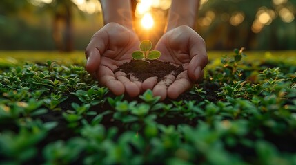 Fototapeta premium two hands holding a green sprout in a planted field.