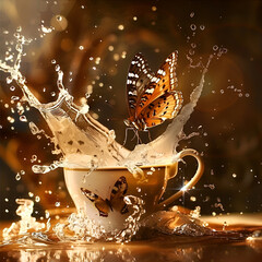A cup of tea with butterflies flying around it,
A cup of coffee with butterflies flying around it


