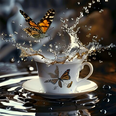A cup of monarch butterflies is surrounded by a dark background.,
Butterflies are flying out of a cup of coffee on a saucer
