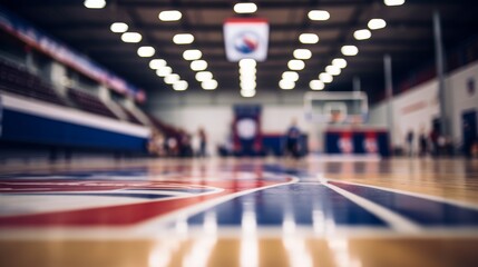 Empty futsal arena with blurred background, showcasing court markings and stadium ambiance