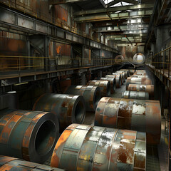 A large pipe with a large white cylinder on it,
A factory with a large machine in the middle

