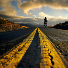 A man walks on an empty road towards the sun,
Cyclists practice cycling on open road to sunset

