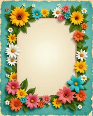 Fototapeta premium Portrait summer background frame with blank paper texture in the middle and floral elements in retro style