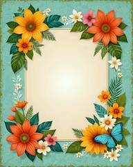 Obraz premium Portrait summer background frame with blank paper texture in the middle and floral elements in retro style