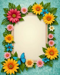 Obraz premium Portrait summer background frame with blank paper texture in the middle and floral elements in retro style