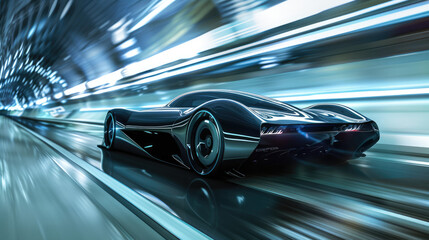 A sleek, futuristic black car speeds through a tunnel with bright, blue-tinted lights, creating a dynamic motion blur and a sense of high velocity.