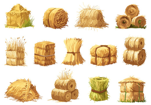 Hay bales, piles, heaps and stacks set. Dry grass in packs. Straw in rolls. Simple flat cartoon style. Vector clipart collection