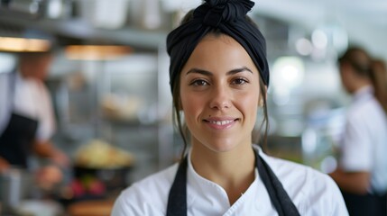 Smiling female chef in a professional kitchen wearing a headscarf. Culinary arts and hospitality concept. Portrait photography.