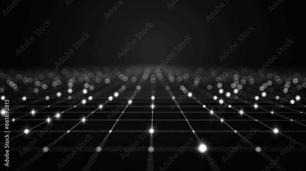 Poster 3d abstract dark background with glowing futuristic minimalistic geometry glowing white particles on