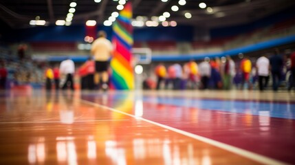 Blurred indoor futsal arena with empty court and seating area, showcasing stadium ambiance