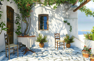 typical greek style terrace with table chairs and plants