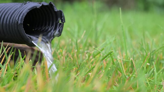 4k Video with sound of residential sump pump drain line discharging water. 