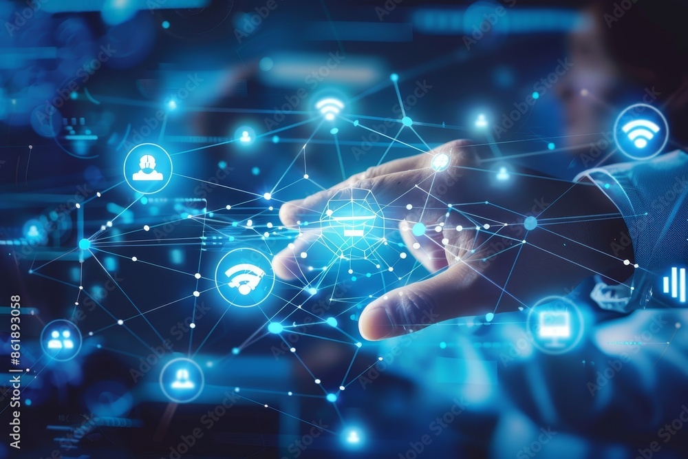 Poster a businessman touches digital icons on a virtual screen with the concept of a global network and dat