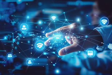 A businessman touches digital icons on a virtual screen with the concept of a global network and data transmission in the background in a blue color scheme.