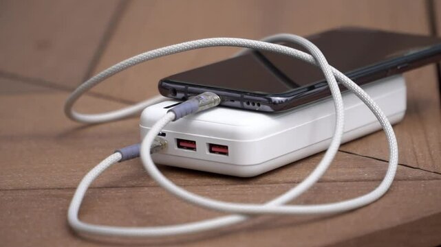 Close up slow motion footage of a white portable powerbank charging  mobile phone.