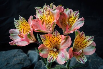 A cluster of alstroemeria, their intricate petals of pink and yellow set against a dark charcoal backdrop. The image captures the delicate and long-lasting beauty of the alstroemeria.