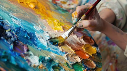 Obraz premium A hand holding a paintbrush is shown dipping into a pool of yellow paint on a palette