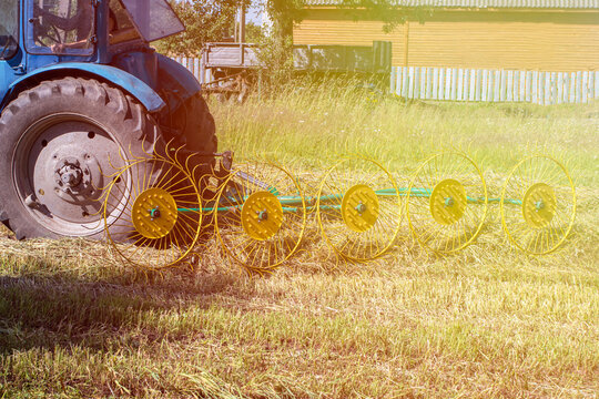 natural lighting. The driver of a blue tractor cleans hay and oats. close-up