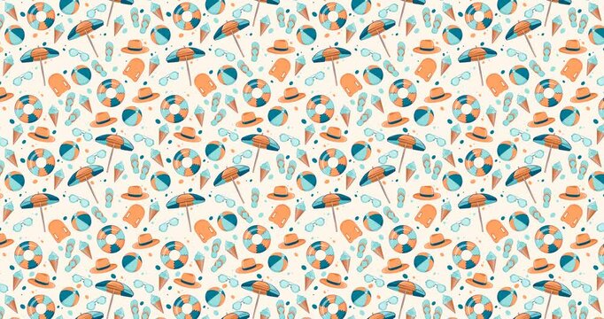 4K animated pattern of beach accessories moving from top to bottom. Beach umbrella, sunglasses, slippers, ball, inflatable rin in a hand-drawn style creating a repeatable background. Horizontal video.