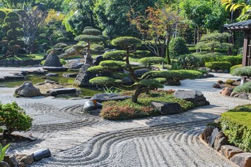 Tranquil Japanese Zen garden with raked sand, rocks, and manicured trees.
