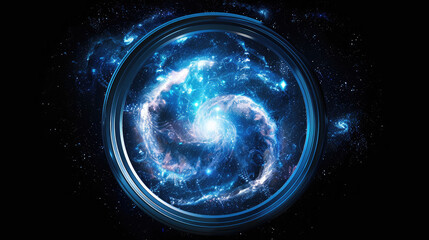 A vivid, glowing spiral galaxy is framed within a metallic, circular ring, against the backdrop of a star-filled space, evoking a sense of cosmic wonder.